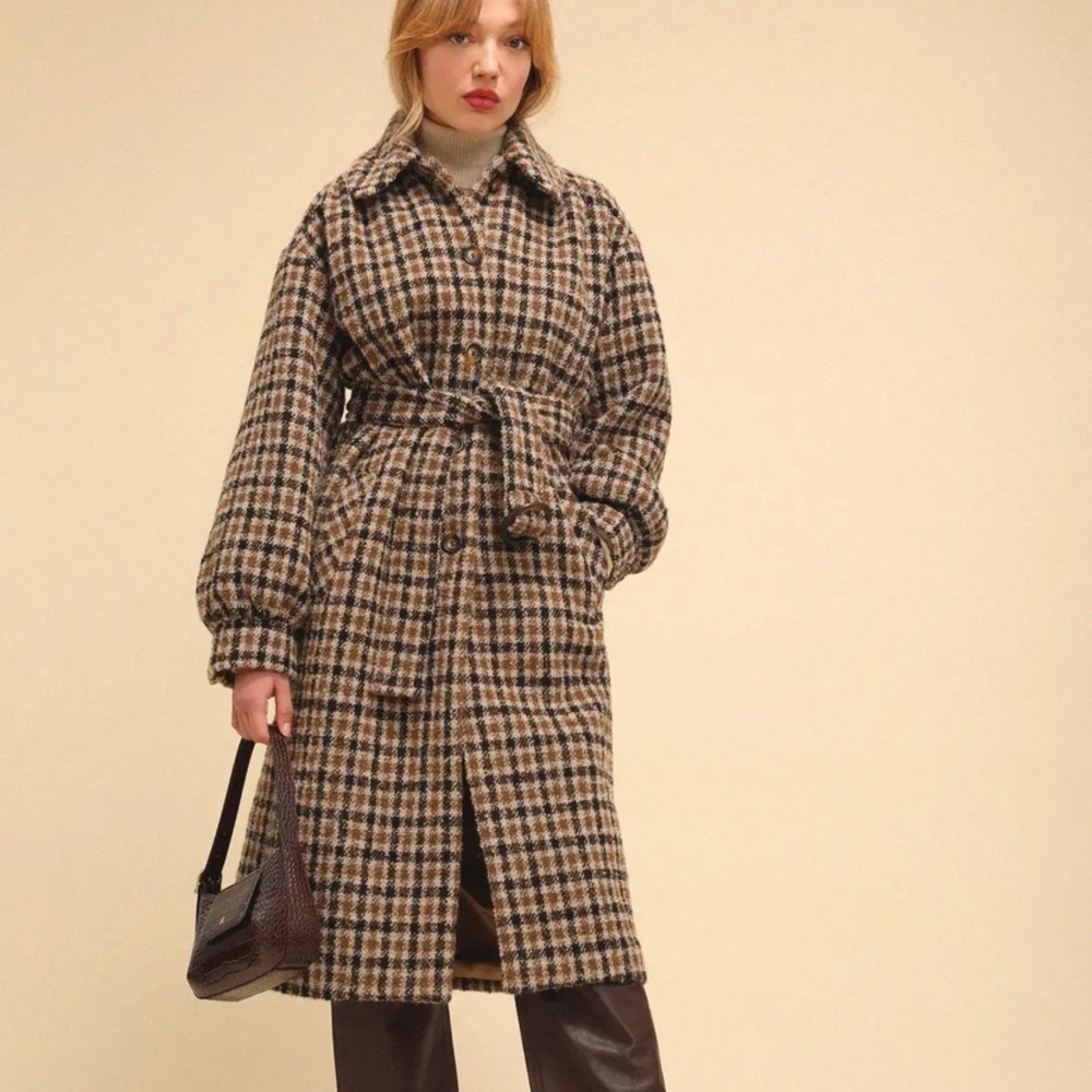 Rouje Checked Wool-Blend Belted Trench in Brown and Beige
